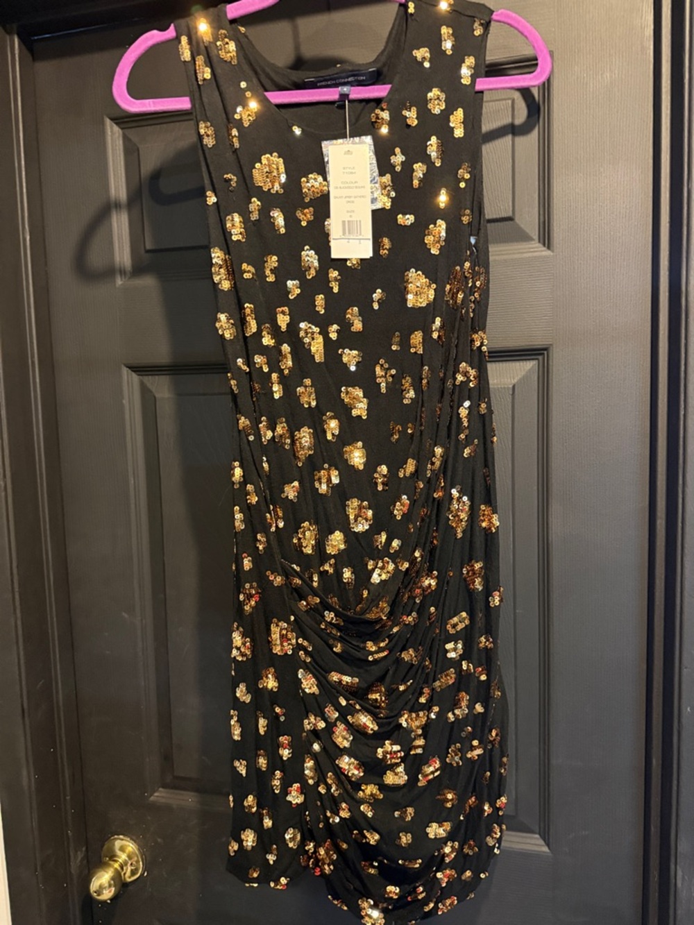 French connection Black Sleeveless Sequin Drape Dress with Gold Accents